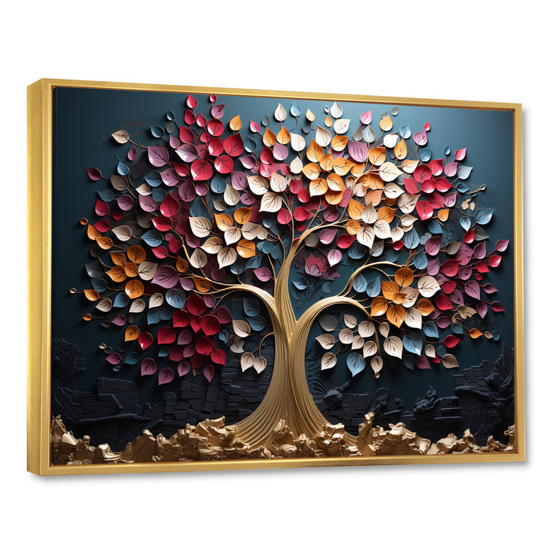 Arbre doré rose et bleu sur fond bleu - Art mural arbre, Cadre flottant doré, H 34 po x l 44 po x P 1,5 po