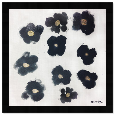«Blue and Gold Camellias Flowers Glam», art moderne encadré pour le salon