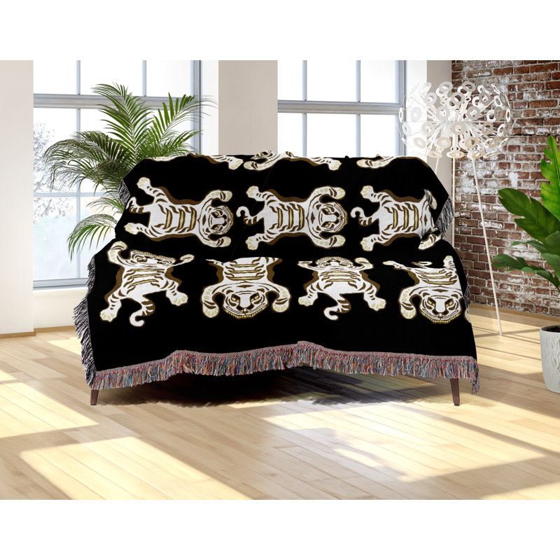 Jeté en mélange de coton Usha, L 60 po x l 50 po, Noir / blanc cassé
