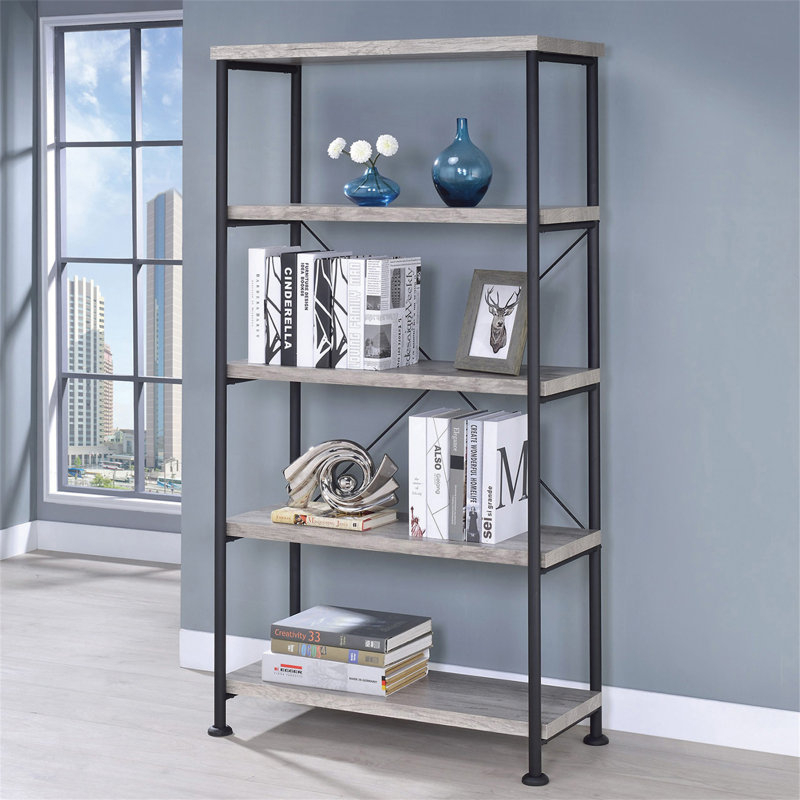 Bibliothèque à 4 tablettes avec structure en métal en bois flotté gris et noir, Gris