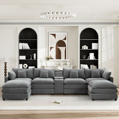 Seven-Piece Sofa Set, With A Center Console, Coffee Table And Six Pillows, Suitable For Spacious Living Rooms And Meeting Rooms.