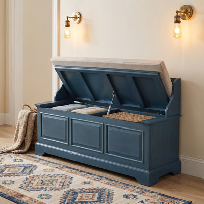 Retro Storage Bench with Soft-Close Gas Shock Lid, Spacious Hidden Storage & Linen Cushion – Shoe Storage Chest for Entryway, Hallway, and Living Room