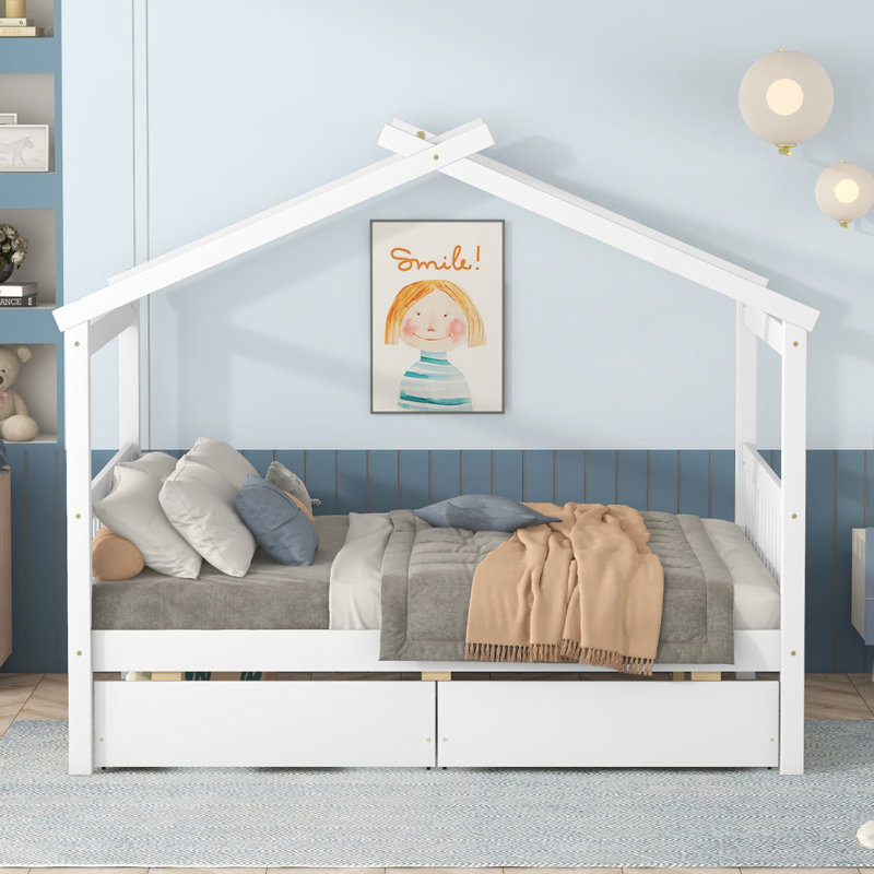 Lit double pleine grandeur en bois avec tiroirs, blanc, Blanc