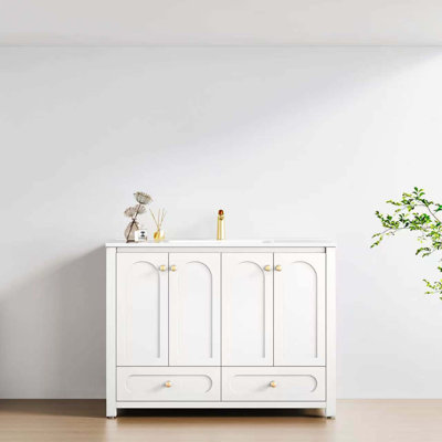 Ensemble de meuble-lavabo 48 po avec lavabo en céramique, armoire de rangement abondante, 4 portes à fermeture douce et 2 tiroirs