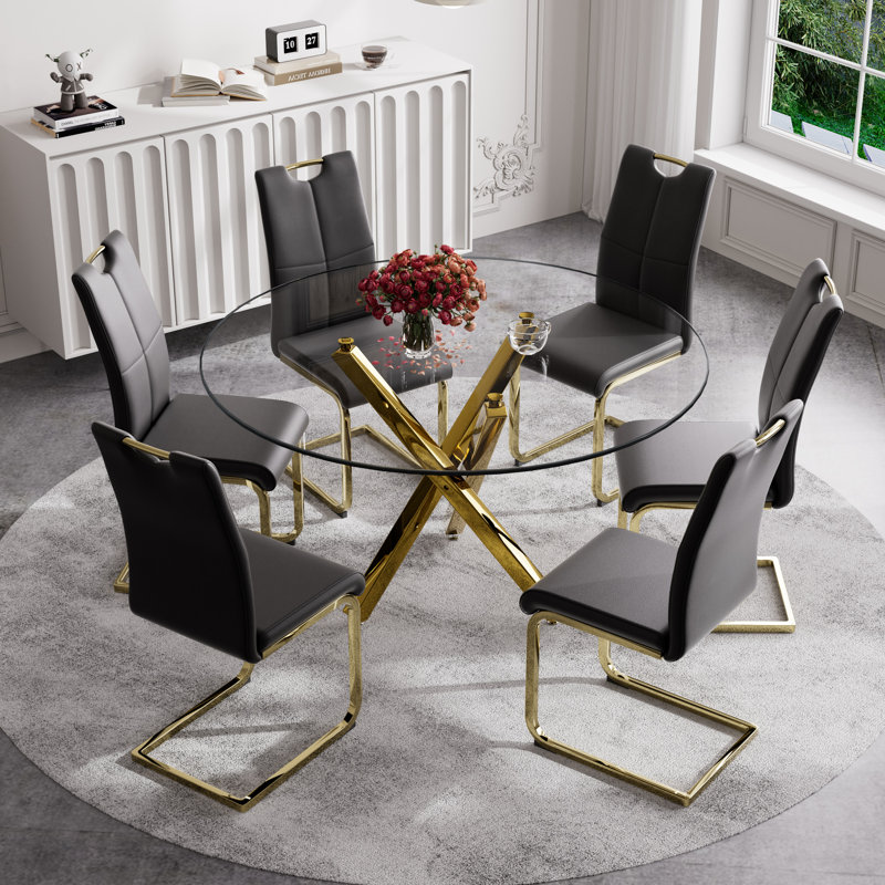 7 Piece Dining Set, Dining Table and 6 Dining Chair, Black/Gold, Gold, 29.52" H x 47.2" L x 47.2" W