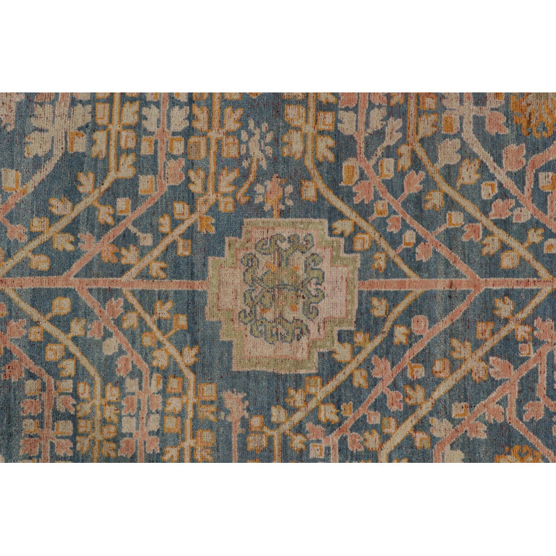 Rug & Kilim’S Khotan Rug In Blue, Gold And Pink Geometric-Floral Patterns, Rectangle 10' x 14'