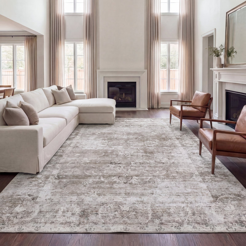 Arabella Vintage Floral Border Machine-Washable Rug, Beige/Cream, Rectangle 9' x 12'