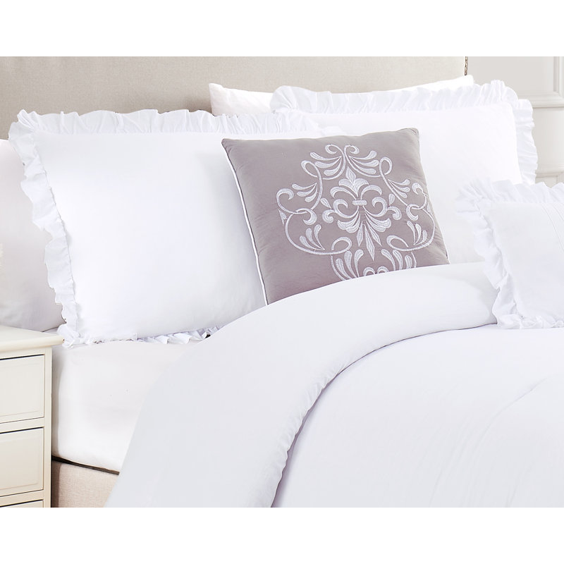 Ensemble d'édredon et coussin décoratif Portland Ruffle, Édredon grand + 2 taies décoratives + 1 taie d'o, Blanc