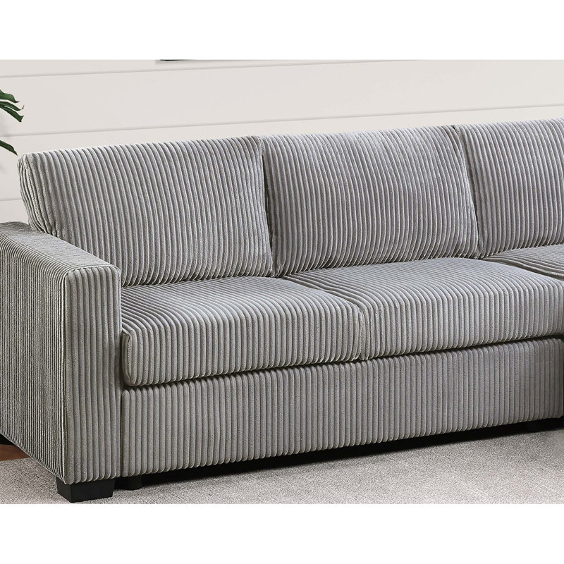 Canapé d'angle moderne gris 2 pièces avec accoudoirs carrés et méridienne, idéal pour un espace de vie contemporain. Pièce principale