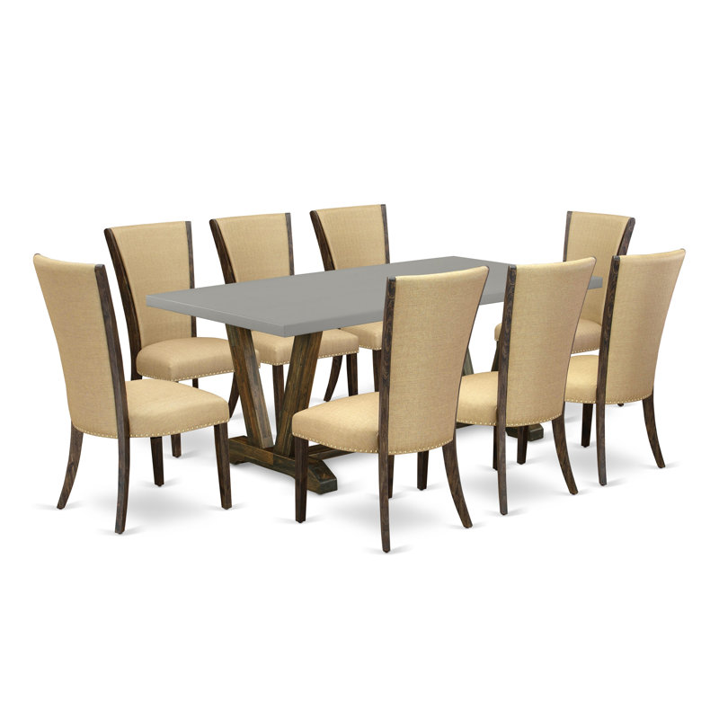 9-Piece Set Includes a Cement Mid Century Table and 8 Light Sable Linen Fabric Upholstered Chairs with High Back - Distressed Jacobean Finish