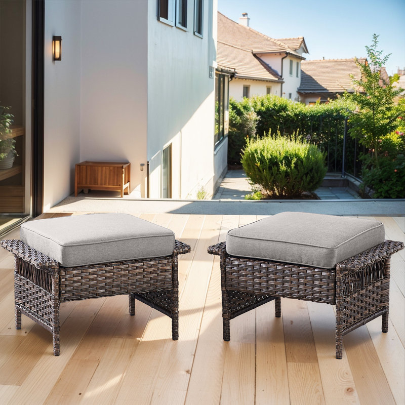 Emilka Wicker Outdoor 2pcs Ottoman with Soft Cushion, Gray