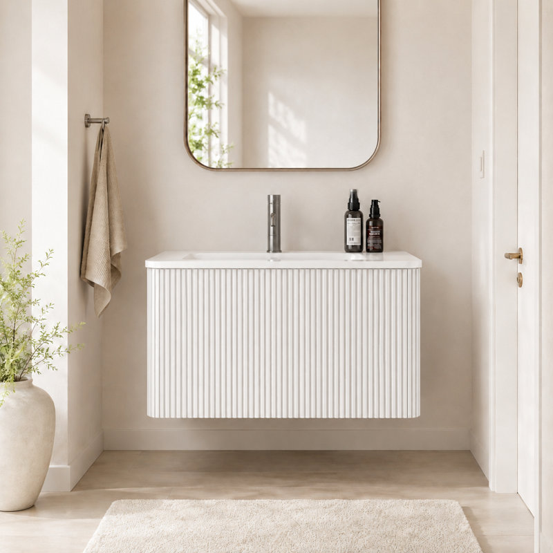 Meuble-lavabo suspendu de 76 cm (30 po) avec lavabo en surface solide blanche, armoire murale rayée blanc doux, lavabo monobloc, meuble-lavabo moderne préassemblé, bonde non incluse
