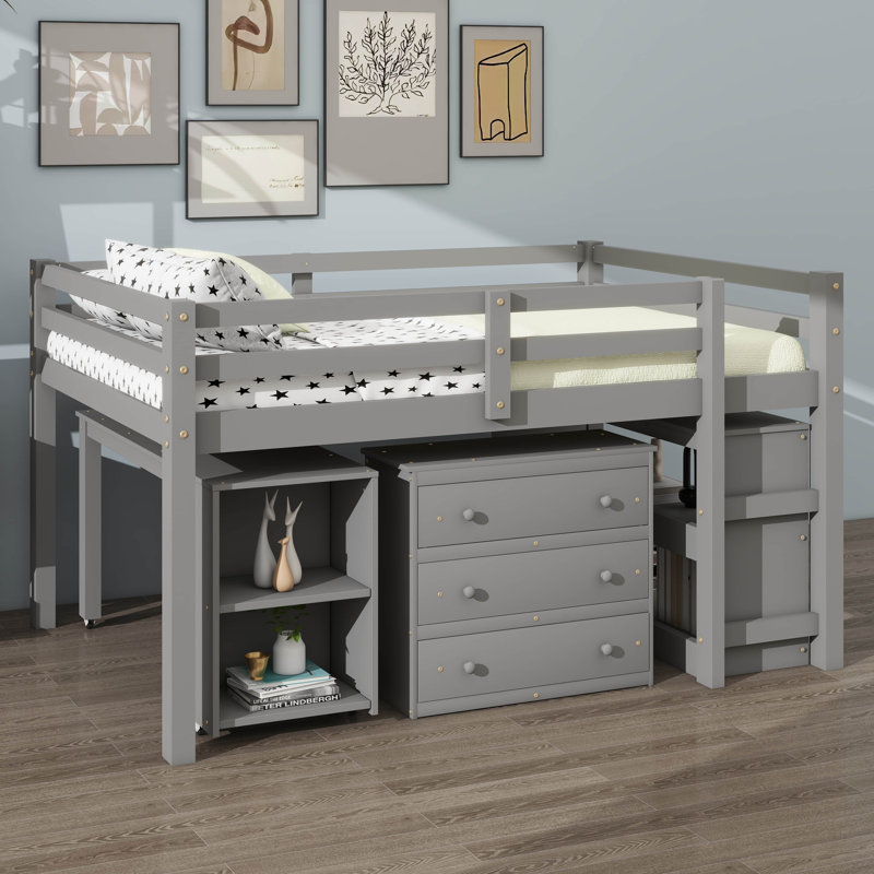 Lit mezzanine double avec armoire intégrée, tablettes, bureau mobile et lit multifonctionnel, Gris