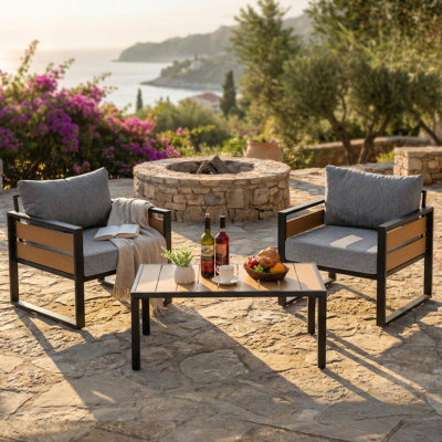 3-Piece Steel Outdoor Patio Conversation Set, 2-Person Patio Furniture Set With Coffee Table For Backyard