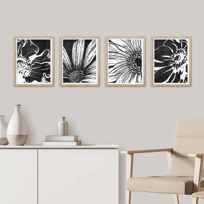 «Black Sunflowers Floral Botanical», impression sur papier 4 pièces
