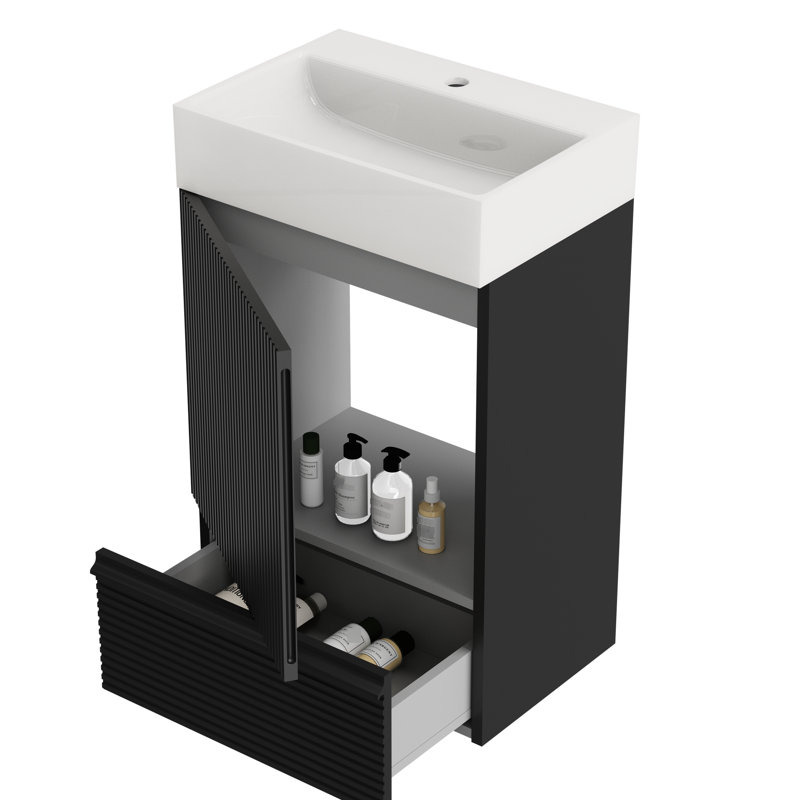 Meuble-lavabo moderne rayé de 20 po, noir, un tiroir, coffre-fort pour porte familiale, tous les âges