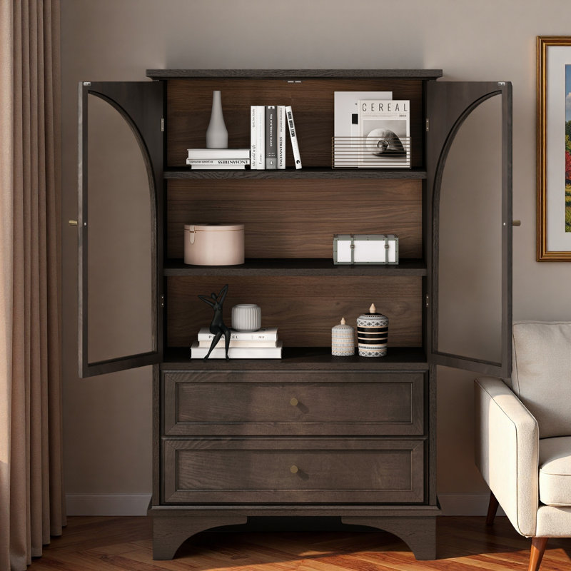 Armoire de rangement vitrée avec 2 tiroirs et tablettes réglables, Brun