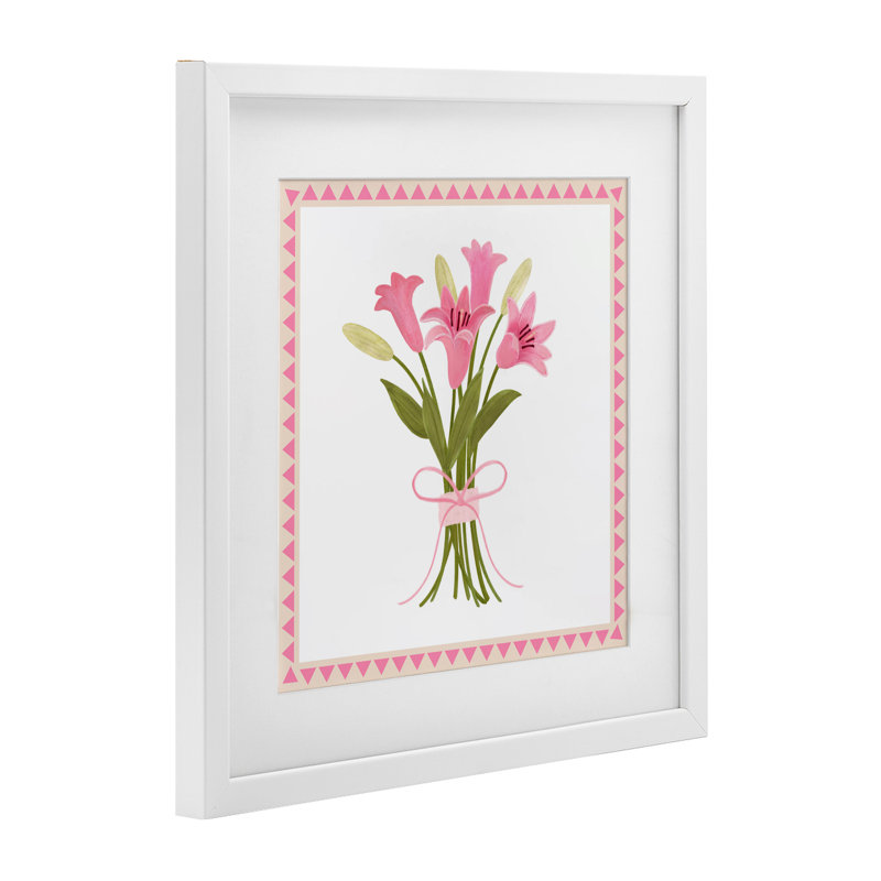 «Pink Spring Lily Bouquet», reproduction sous verre, conception par Adrienne Morris, H 13 po x l 13 po, Cadre blanc côtier