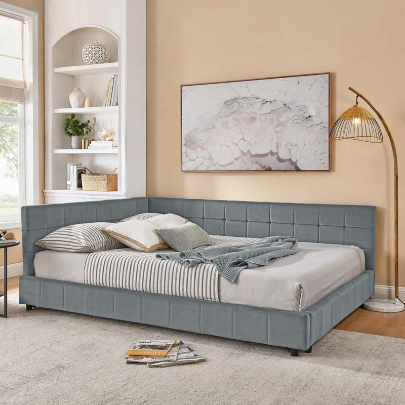 Velvet Daybed,Upholstered Tufted Bed Frame, Sofa Bed Frame with Comfortable Backrest and Armrests, Gray, Queen