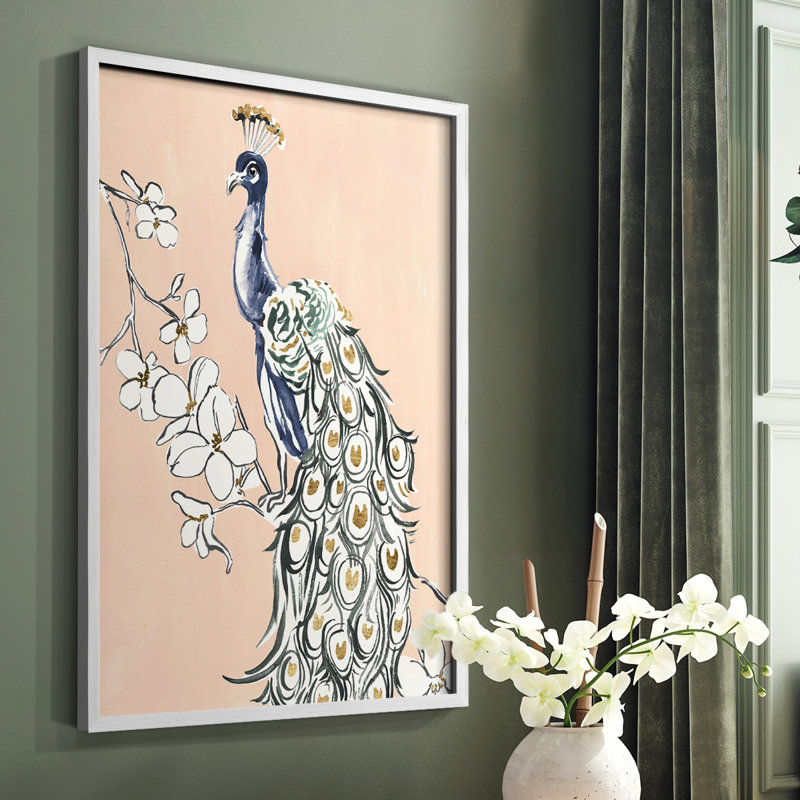 «Peacock in Gold IV», reproduction encadrée - bois massif, Blanc, H 14 po x l 11 po