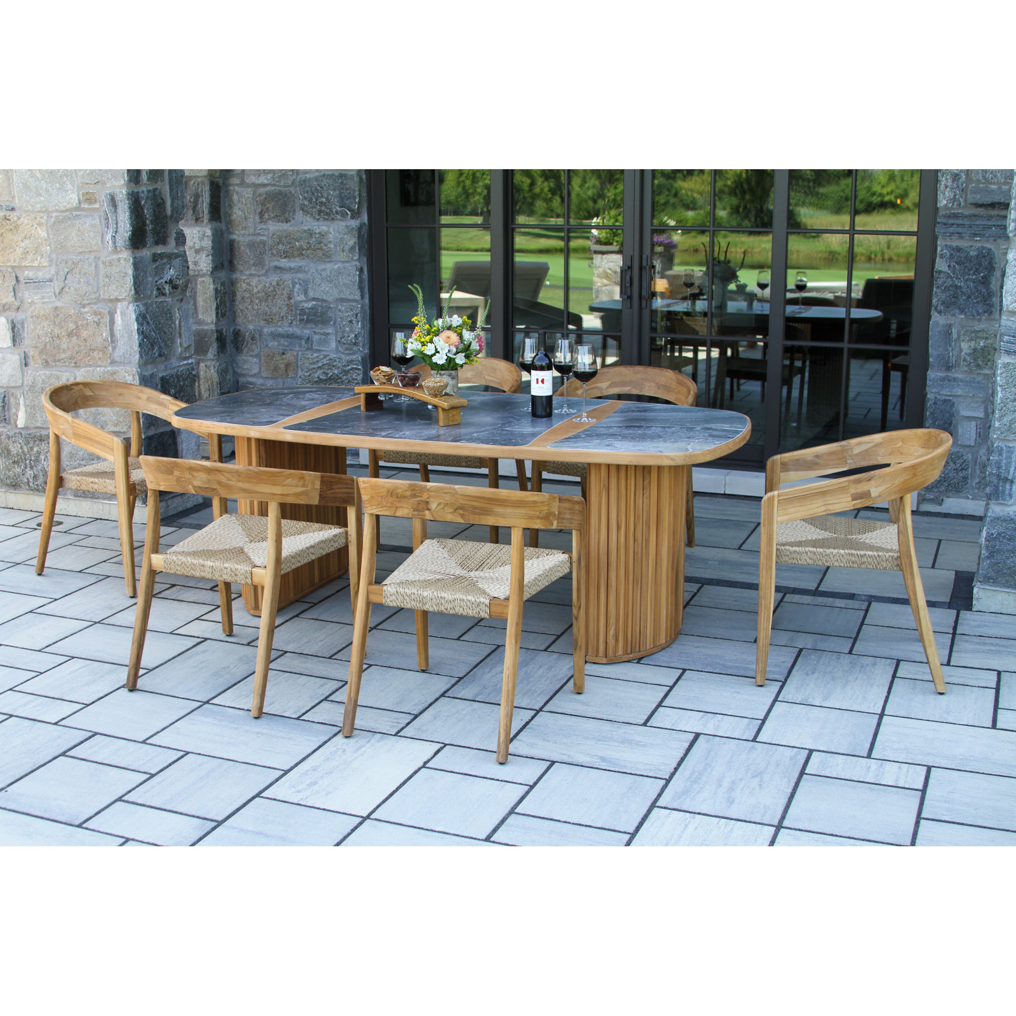 Estate 7 Pc. Teak & Wicker Oval Dining Set With Orobico Stone Top, Gray, Tan/Natural