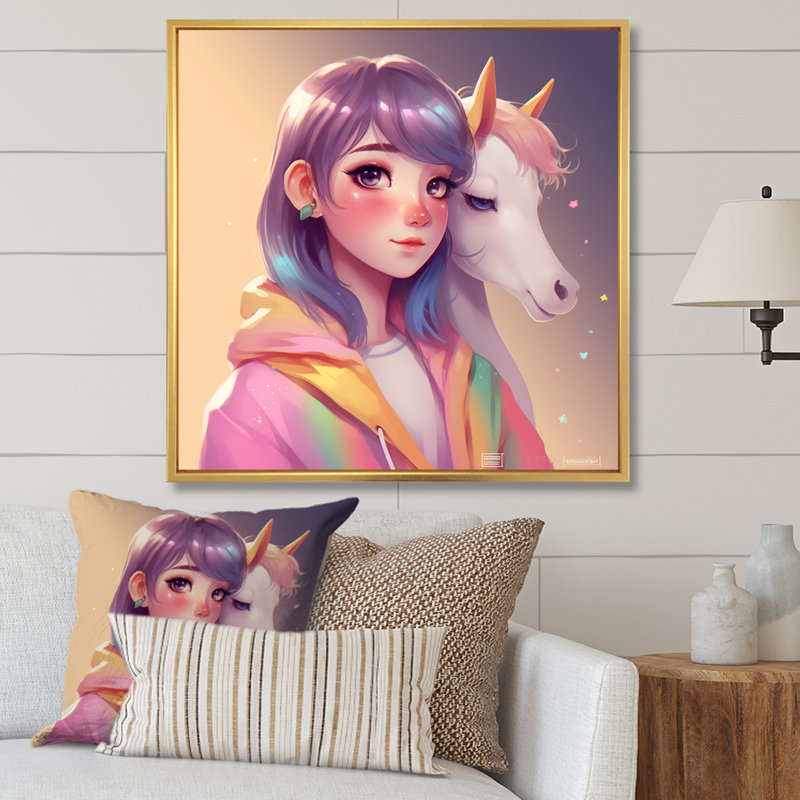 Adorable licorne accompagnée sur toile, 36" H x 36" W, Cadre flottant doré