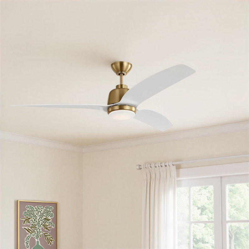 Carly 60'' Ceiling Fan with LED Lights, Satin Brass, 15.40" H x 60" W x 60" D, White