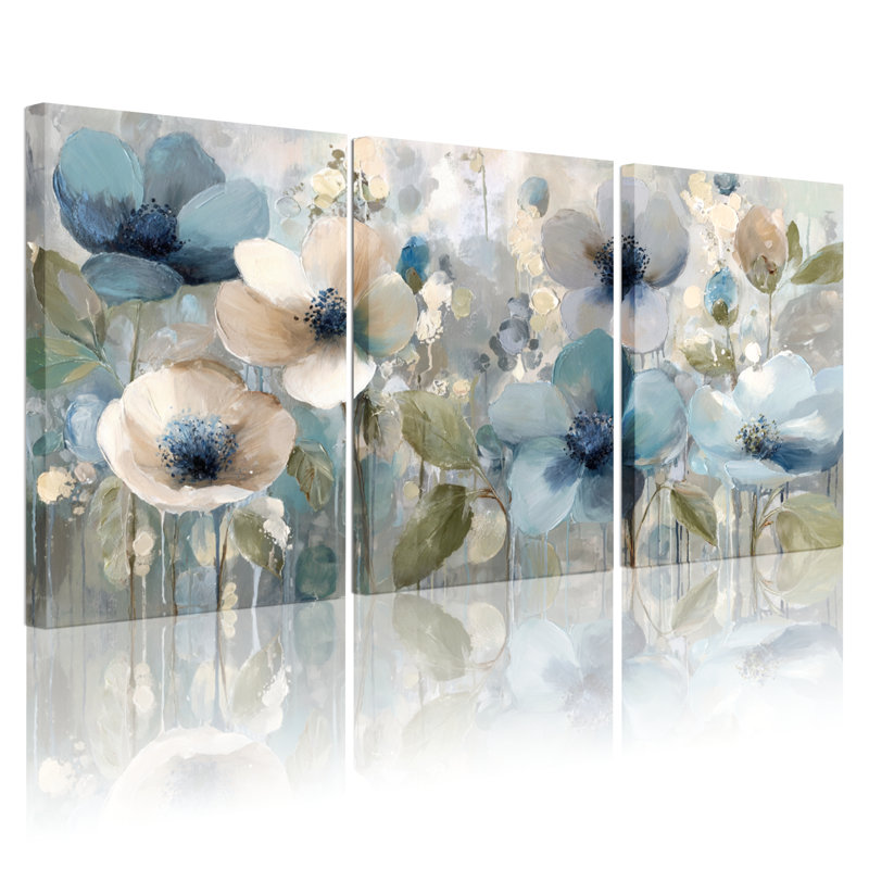 Ensemble de 3 tableaux muraux aquarelle à motifs floraux bleus et beiges sur toile tendue