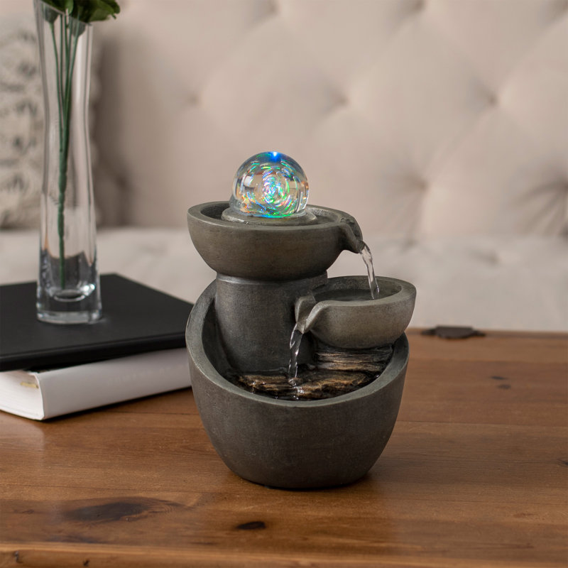 Tabletop Water Fountain- 3-Tier Waterfall with Rolling Glass Ball, Multi-Coloured LED Lights, Electric Pump & Soothing Sounds for Home by Pure Garden