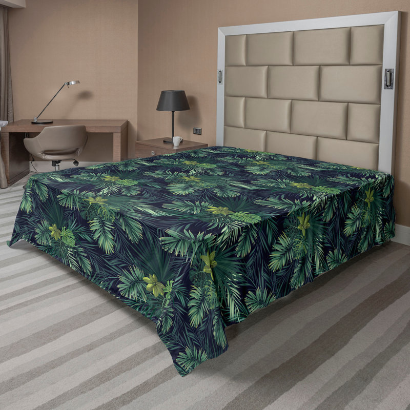 Ambesonne Exotic Flat Sheet Botany Leaves Pattern Summer TwinXL Size Navy Blue and Fern Green, California King Flat Sheet
