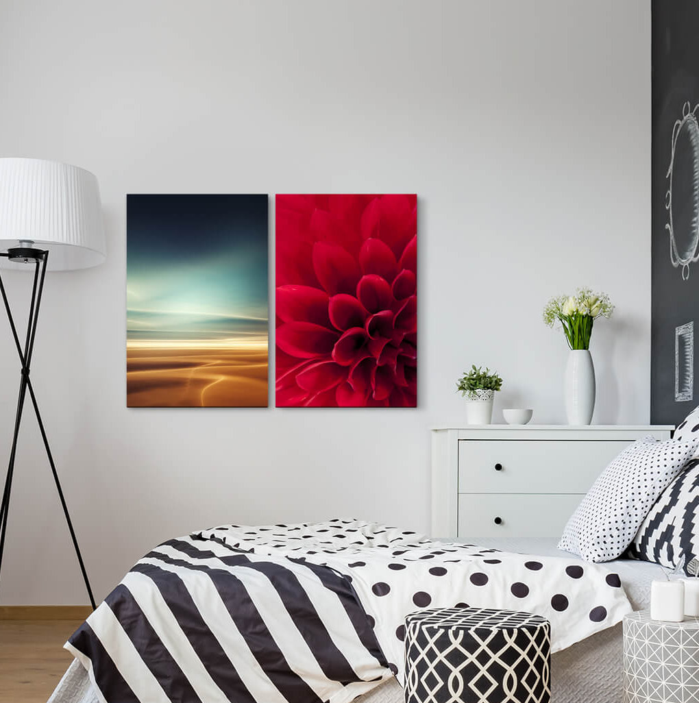 2-tlg. Leinwandbilder-Set - Grafikdruck „Dahlia Red Flower Desert Sahara Horizon Sunset Sand”