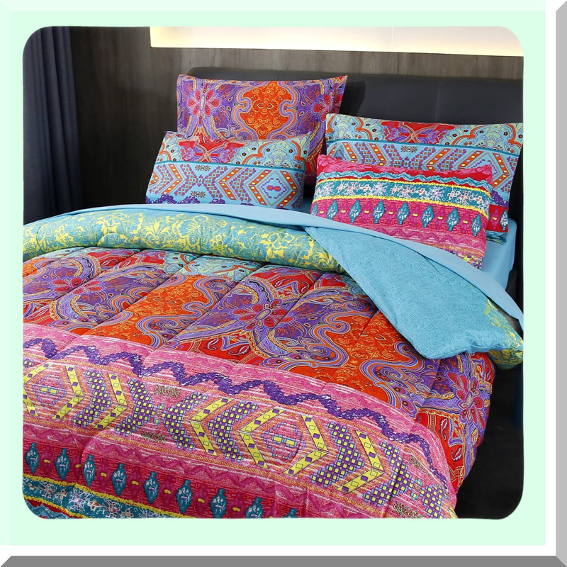 Colourful Boho Dream 7-Piece Bedding Set - Full Size Reversible Comforter, Sheets, and Pillowcases in Red and Blue Bohemian Style - Complete Bed in a Bag