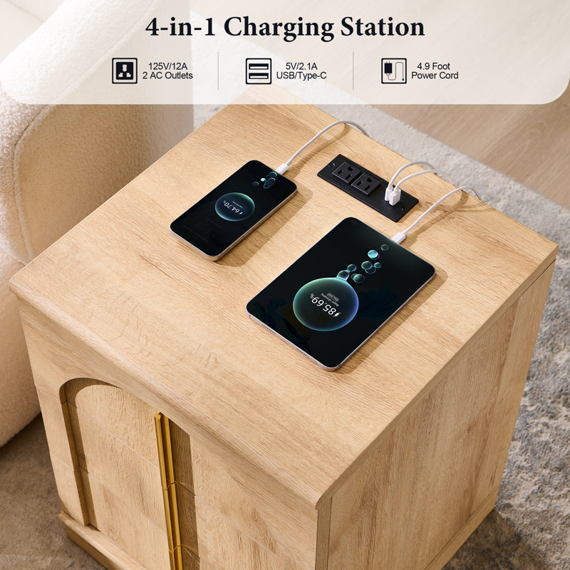 18'' W Modern Nightstand with Charging Station, Wood Square Bedside with 3 Large Drawers, Natural Oak