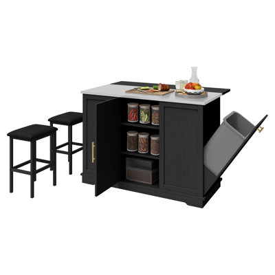 Kitchen Island With Drop Leaf & Seatings, Island With Trash Storage by Winston Porter