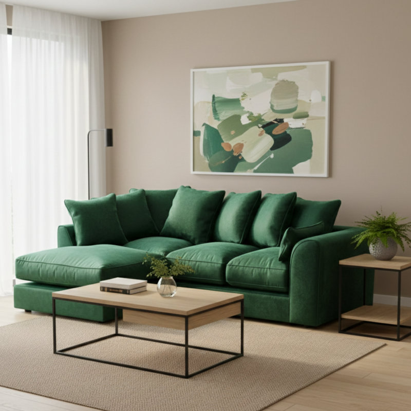 4 Seater Velvet Sofa & Chaise, Left, Green