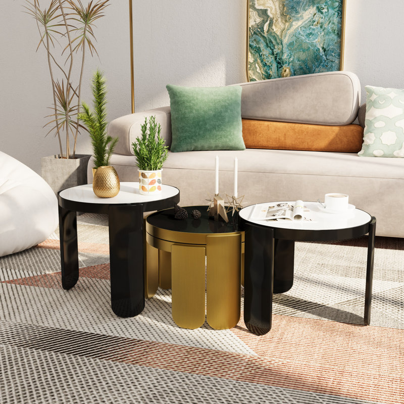 Brass 4 In 1 Self-Defined Nesting Round Coffee Table/End Table, Black/Brass