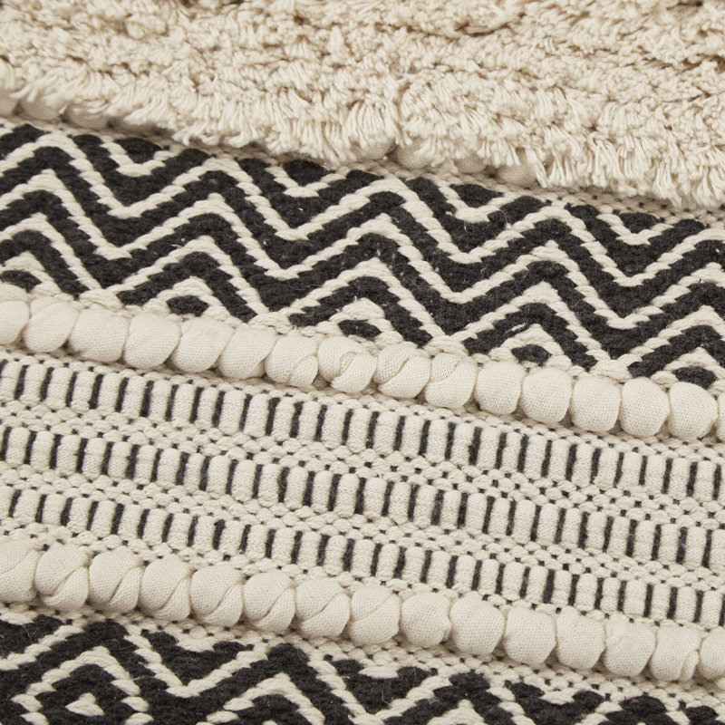 Nordic Shaggy Beige and Black Cotton Blend Bathroom Rug