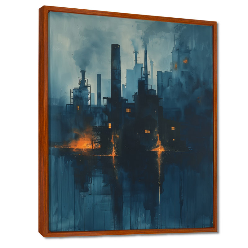 Impression d'art mural jaune et bleu de l'usine Metropolis I - usines, Toile avec cadre flottant brun