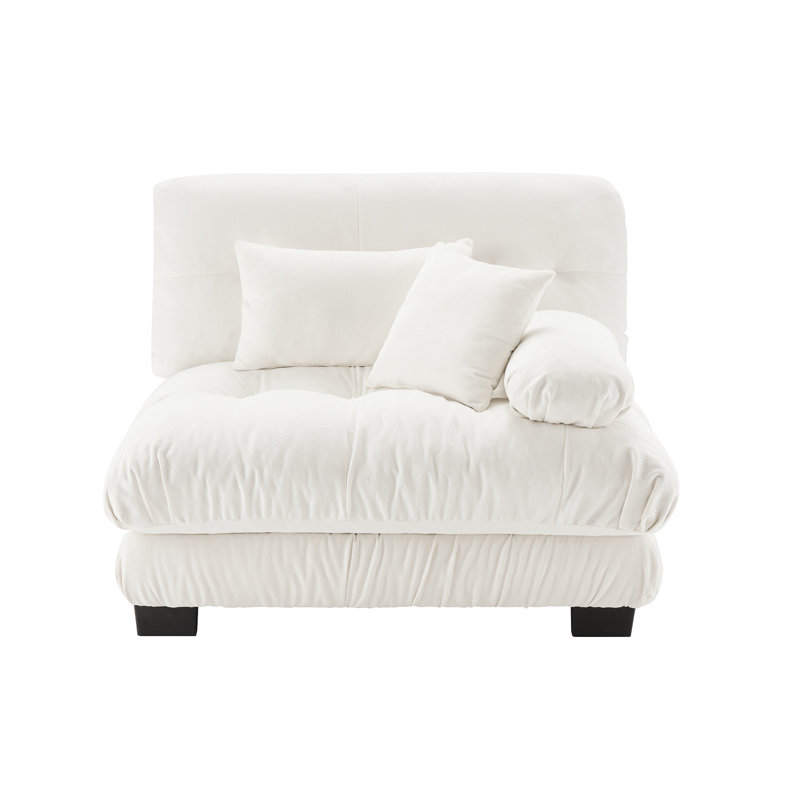 White Chenille Armless Sofa with Two Pillows, Right Side Facing Sectional Component