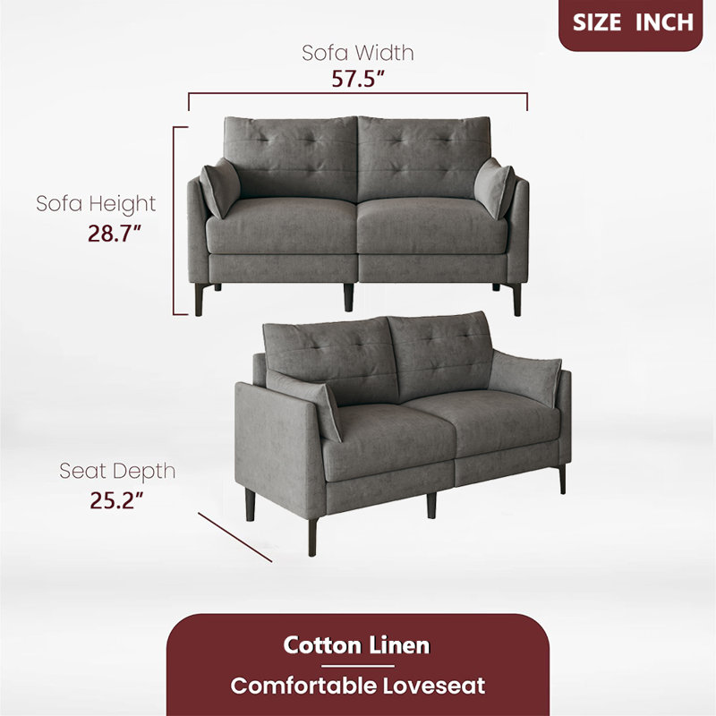 57'' Loveseat Sofas,Round Arm Sofa with 2 Pillows, Dark Gray Fabric