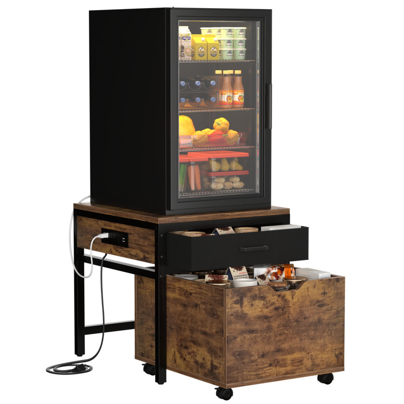 Fridge Stand With Storage And Charging Station, Rustic Brown