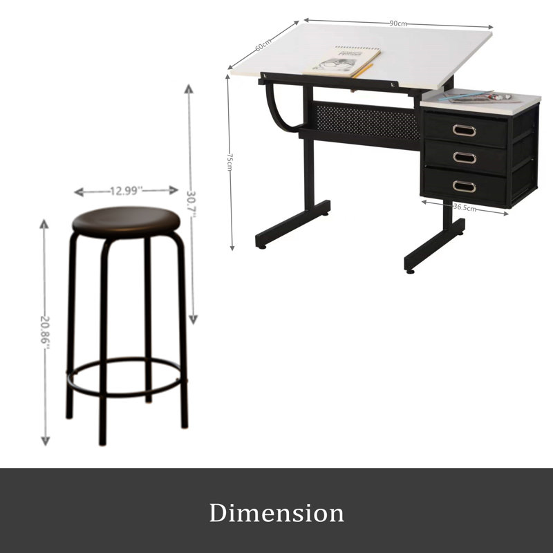Table à dessin réglable avec tabouret et 3 tiroirs, Blanc