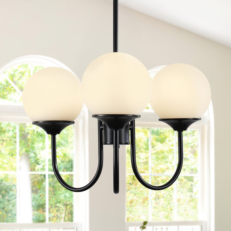 3-Light Dimmable Mid-Century Globe Chandelier with Opal Glass Shades, Matte Black