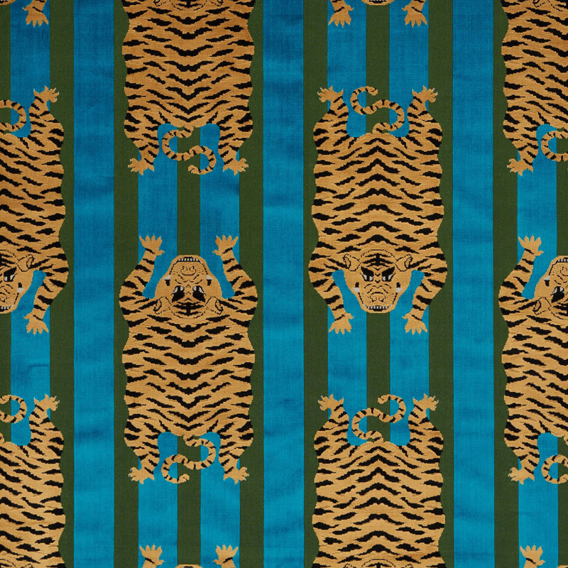 Tissu en velours Schumacher x Johnson Hartig Jokhang Tiger, Paon / olive