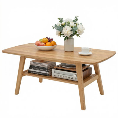Mid Century Modern Coffee Table, 100% Solid Oak Wood Coffee Table with Storage Shelf, 2-Tier Coffee Table with Rounded Corners for Living Room, Office