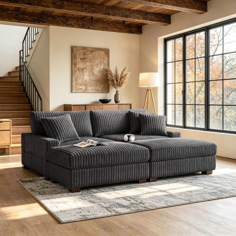4 - Piece Upholstered Gray Faux Rabbit Fur Flannel Modular Sectional Sofa with Throw Pillows & Removable Ottomans