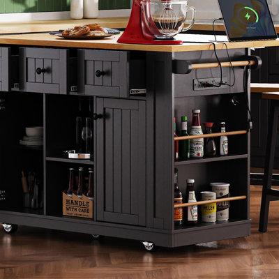 Grand îlot de cuisine de 53 pouces avec rallonge, prise de courant, support de rangement interne pour porte, chariot de cuisine sur roulettes sur 5 roulettes avec 5 supports latéraux ouverts pour la cuisine, la salle à manger, noir (ne comprend pas les tabourets de bar)
