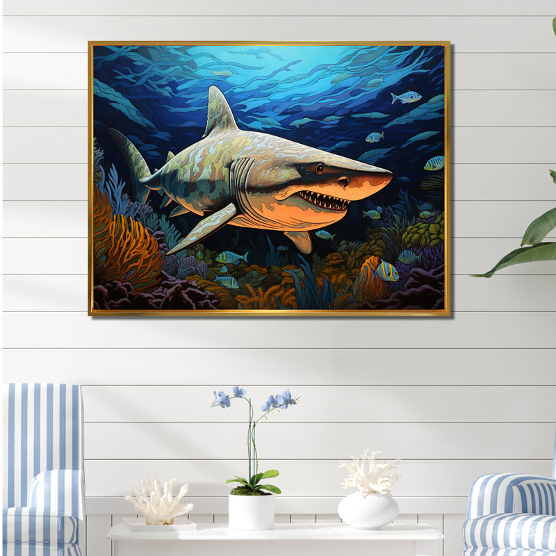 " Bull Shark Depths Photography I ", Gold Floater Framed, 30" H x 40" W x 1.5" D