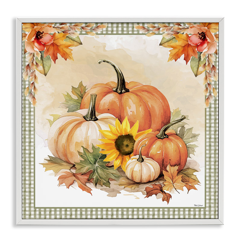 Automne citrouilles, bordure florale encadrée par Nicole DeCamp, Estampe numérique Farmhouse, H 17 po x l 17 po
