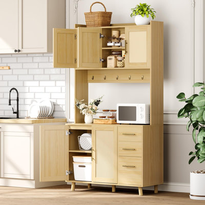 Rattan Pantry Cabinet, 71 in Kitchen Pantry with Microwave Stand, Freestanding Hutch with Drawers, Doors and Hooks, Boho Storage Cabinet for Dining Room, Kitchen, Living Room, Natural